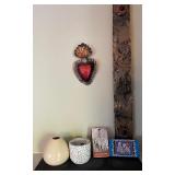 Eclectic Art and Decor Collection with Wall Plaque, Sculptures, Matches, and Vases