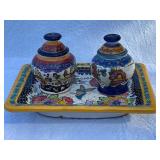 Talavera Mexico Hand-Painted Salt and Pepper Shakers with Tray
