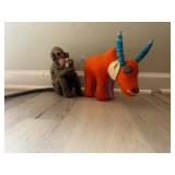 Pair of Handmade Wool Animal Figures - Monkey with Baby and Orange Antelope