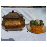 Decorative Painted Tin Box and Burl Wood Bowl with Moss Balls, Plate, and Bust