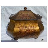 Decorative Painted Tin Box and Burl Wood Bowl with Moss Balls, Plate, and Bust