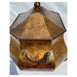 Decorative Painted Tin Box and Burl Wood Bowl with Moss Balls, Plate, and Bust
