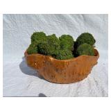 Decorative Painted Tin Box and Burl Wood Bowl with Moss Balls, Plate, and Bust