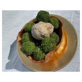 Decorative Painted Tin Box and Burl Wood Bowl with Moss Balls, Plate, and Bust