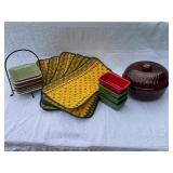 Ceramic Kitchenware Collection: Bread Loaf Pans, Square Plates with Stand, Vintage Brown Mixing Bowl with Lid, and Quilted Placemats