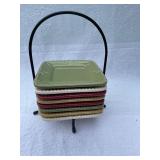 Ceramic Kitchenware Collection: Bread Loaf Pans, Square Plates with Stand, Vintage Brown Mixing Bowl with Lid, and Quilted Placemats
