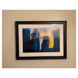 Framed Abstract Modern Art Print with Blue and Yellow Tones