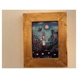 Framed Folk Art Mermaid Painting with Gold Frame