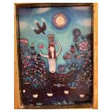 Framed Folk Art Mermaid Painting with Gold Frame