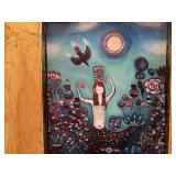 Framed Folk Art Mermaid Painting with Gold Frame