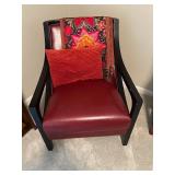 Contemporary Red Faux Leather Accent Chair with Pillow and Embroidered Throw