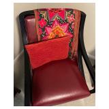 Contemporary Red Faux Leather Accent Chair with Pillow and Embroidered Throw
