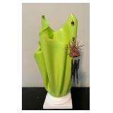 Decorative Green Table Lamp with Unique Shade and Hanging Wooden Accent