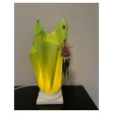 Decorative Green Table Lamp with Unique Shade and Hanging Wooden Accent