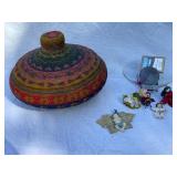 Collection of Woven Lidded Basket, Glass Bowl with Stand, Decorative Figurines and Trinkets