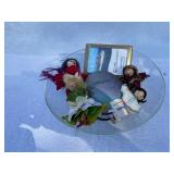 Collection of Woven Lidded Basket, Glass Bowl with Stand, Decorative Figurines and Trinkets