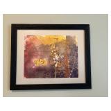 Framed Abstract Botanical Artwork with Gold and Purple Tones