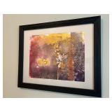 Framed Abstract Botanical Artwork with Gold and Purple Tones