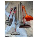 Collection of 7 Yard and Garden Tools including Shovels, Rake, Broom, and Pitchfork