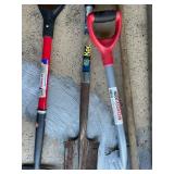 Collection of 7 Yard and Garden Tools including Shovels, Rake, Broom, and Pitchfork