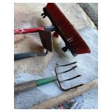 Collection of 7 Yard and Garden Tools including Shovels, Rake, Broom, and Pitchfork