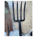 Collection of 7 Yard and Garden Tools including Shovels, Rake, Broom, and Pitchfork