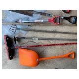 Collection of 7 Yard and Garden Tools including Shovels, Rake, Broom, and Pitchfork