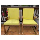 Pair of Wooden Outdoor Rocking Chairs with Yellow Cushions