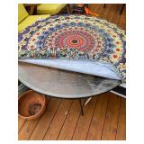 Round Glass Patio Table with Mandala Tablecloth