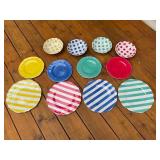 Set of 12 Colorful Polka Dot and Stripe Ceramic Plates and Bowls