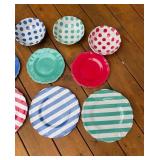 Set of 12 Colorful Polka Dot and Stripe Ceramic Plates and Bowls
