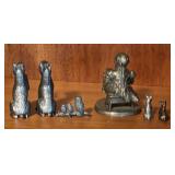 LL - Collection of Pewter Figurines - Girl Reading, Dogs, and Owls