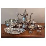 LL - Vintage Silver Plated Pot, Platter, Creamer Pitchers, Sugar Dish and More