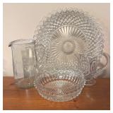 LL - Vintge Crystal and Glass Serving Set with Platter, Bowl and Pitchers