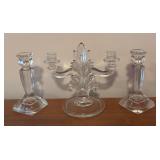 Vintage Fostoria Flame Candle Holders Double Arm Fleur Du Li 2 Light Crystal and Pair of Candle Holders