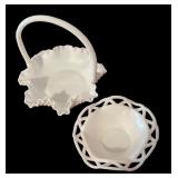 LL - Set of 2 Vintage Milk Glass Hobnail Basket Bowl and Openwork Bowl