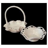 LL - Set of 2 Vintage Milk Glass Hobnail Basket Bowl and Openwork Bowl