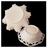 LL - Set of 2 Vintage Milk Glass Hobnail Basket Bowl and Openwork Bowl