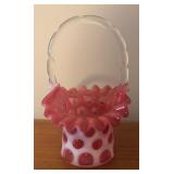 LL - Vintage Fenton Cranberry Coin Dot Ruffled Glass Basket Vase