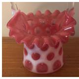 LL - Vintage Fenton Cranberry Coin Dot Ruffled Glass Basket Vase