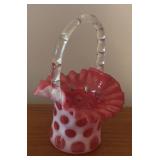 LL - Vintage Fenton Cranberry Coin Dot Ruffled Glass Basket Vase