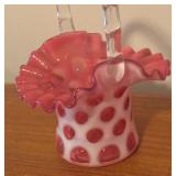 LL - Vintage Fenton Cranberry Coin Dot Ruffled Glass Basket Vase