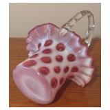 LL - Vintage Fenton Cranberry Coin Dot Ruffled Glass Basket Vase
