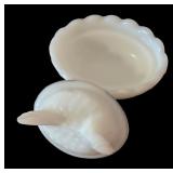 LL - Two Vintage White Milk Glass Hen on Nest Covered Dishes
