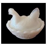 LL - Two Vintage White Milk Glass Hen on Nest Covered Dishes
