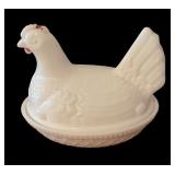LL - Two Vintage White Milk Glass Hen on Nest Covered Dishes