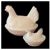 LL - Two Vintage White Milk Glass Hen on Nest Covered Dishes