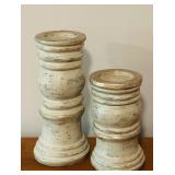 LL - Pair of 14-Inch Distressed Wood Pedestal Candle Holders