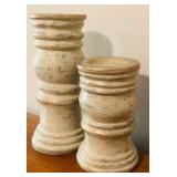 LL - Pair of 14-Inch Distressed Wood Pedestal Candle Holders