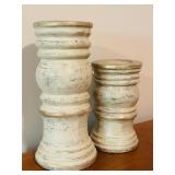 LL - Pair of 14-Inch Distressed Wood Pedestal Candle Holders